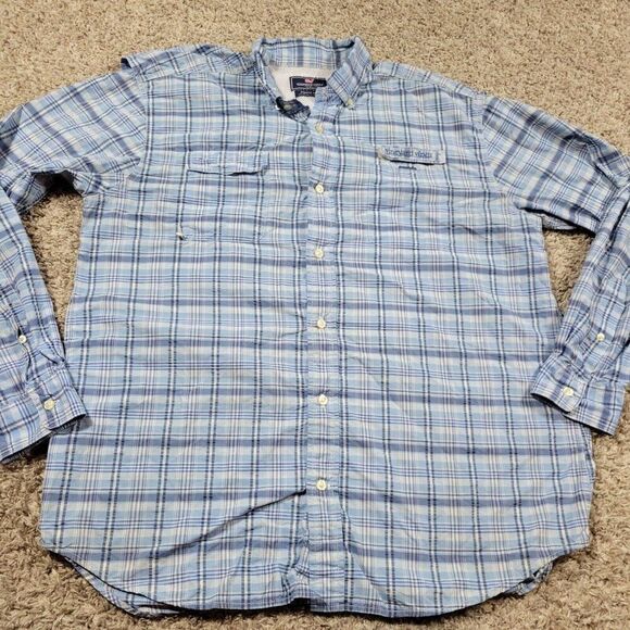 Vineyard Vines Shirt Mens Large Blue Check Harbor Vented Performance Fish - Picture 1 of 7